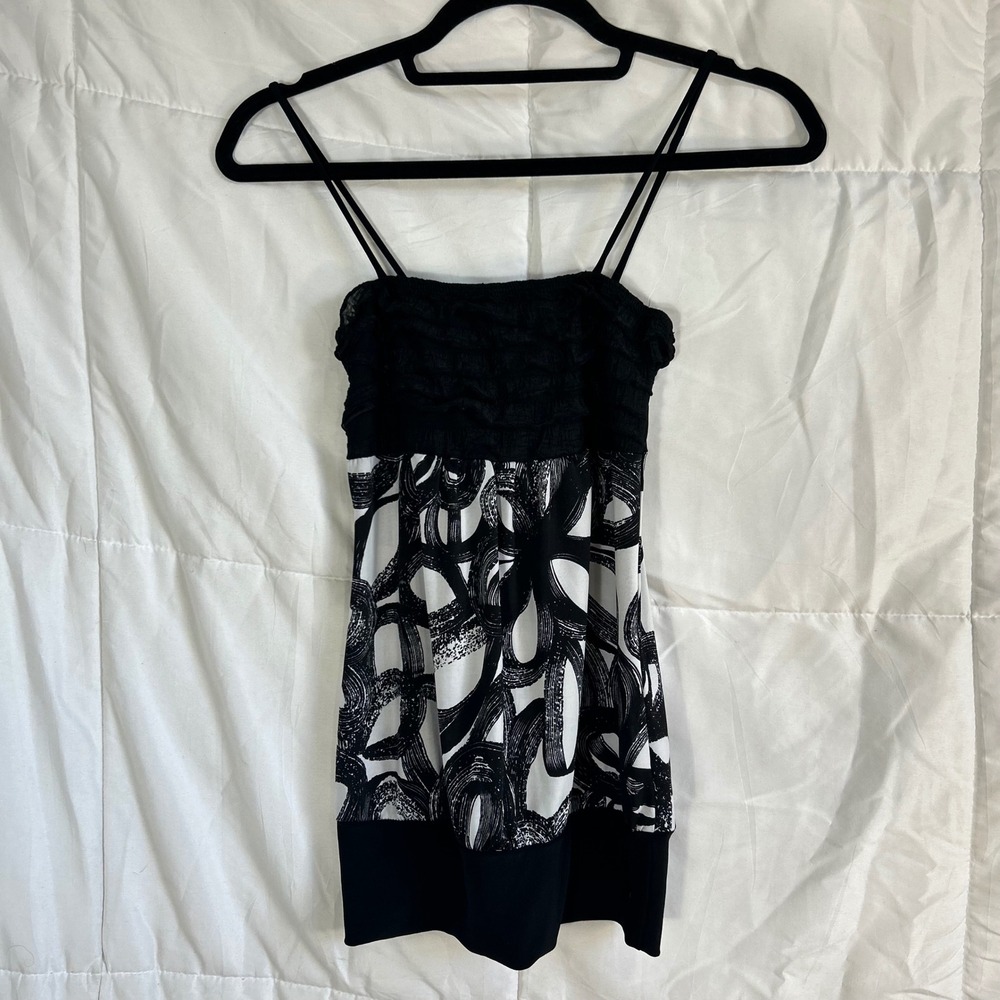 Pinkeli Black White Abstract‎ Swirl Print Ruffle Strap Mini Dress Small